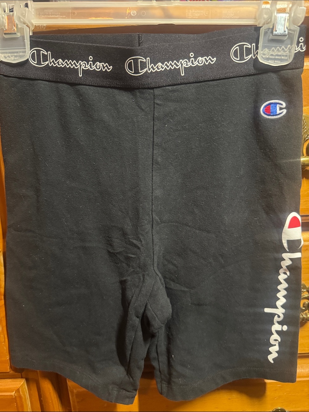 Champion Women’s Black Logo Athletic Shorts with White & Red Accents